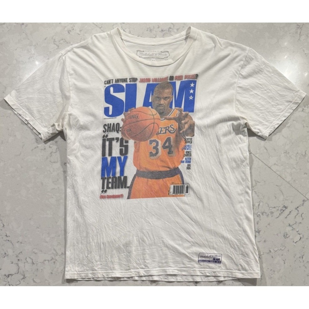 Mitchell & Ness Shaq Lakers Slam Magazine Cover T-Shirt Mens XL White Graphic